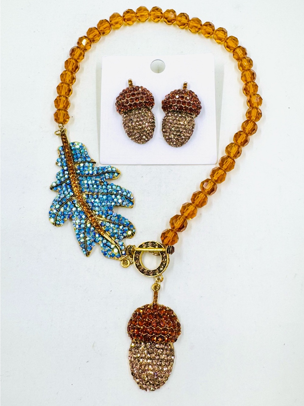 Heidi Daus Inspired Fall Autumn Rhinestone Acorn & Leaf Necklace & Earrings Set